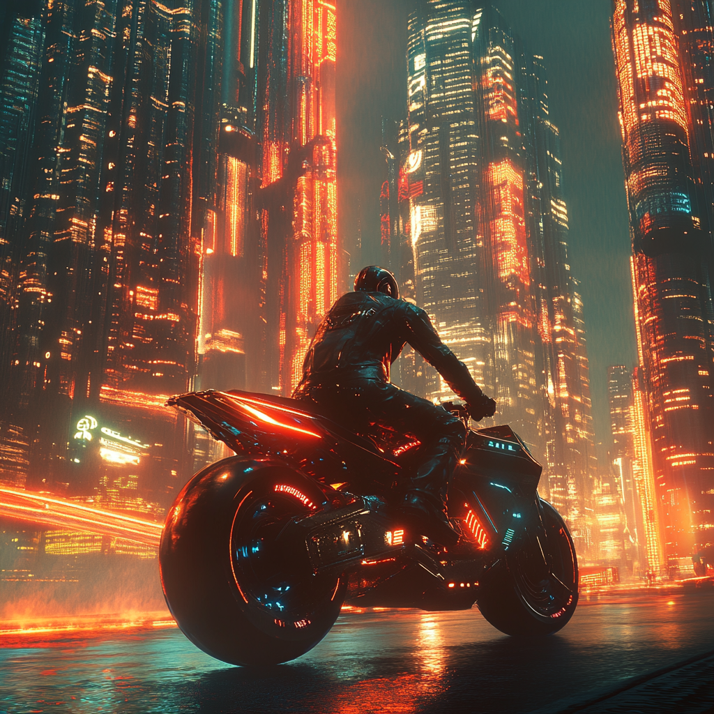 Rider on futuristic motorcycle in neon-lit cityscape