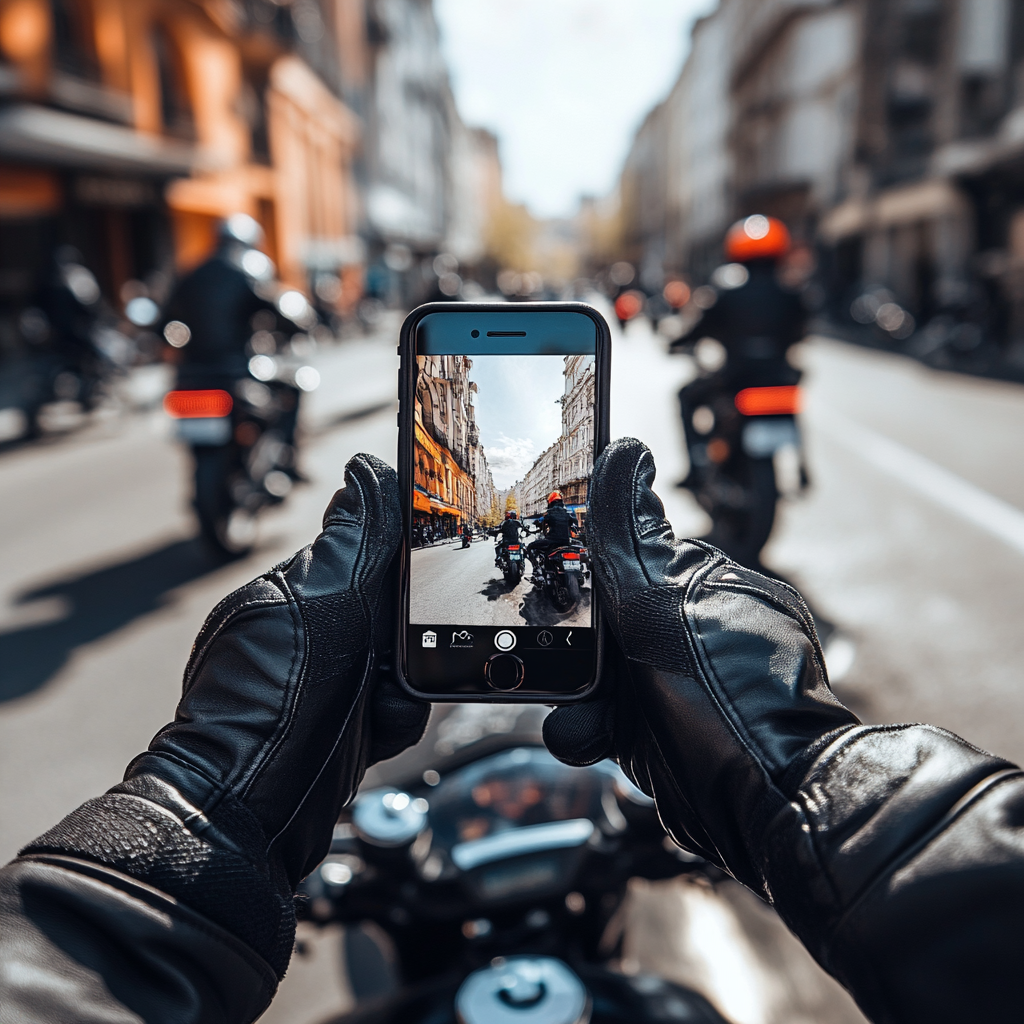 Riders in gloves on motorcycles on sunny street.