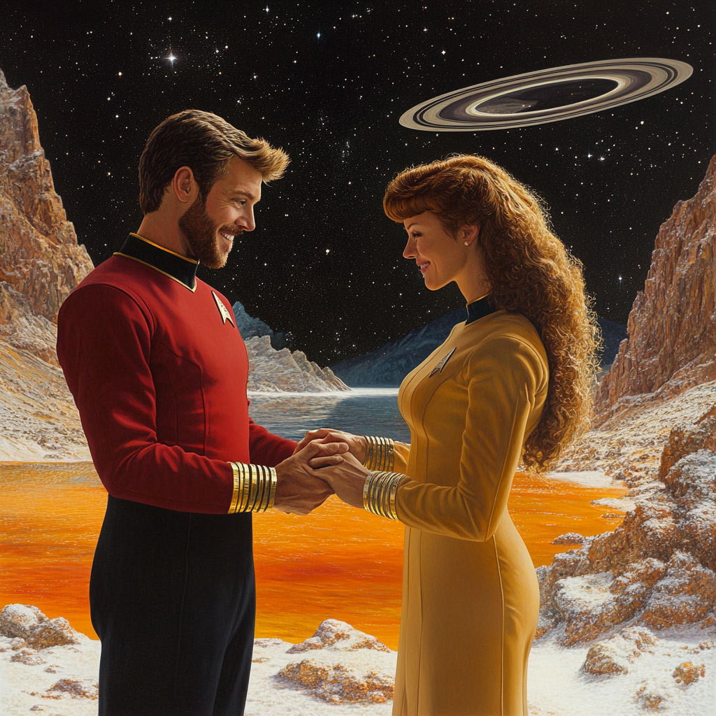 Riker and Troi share tender moment by orange lake.