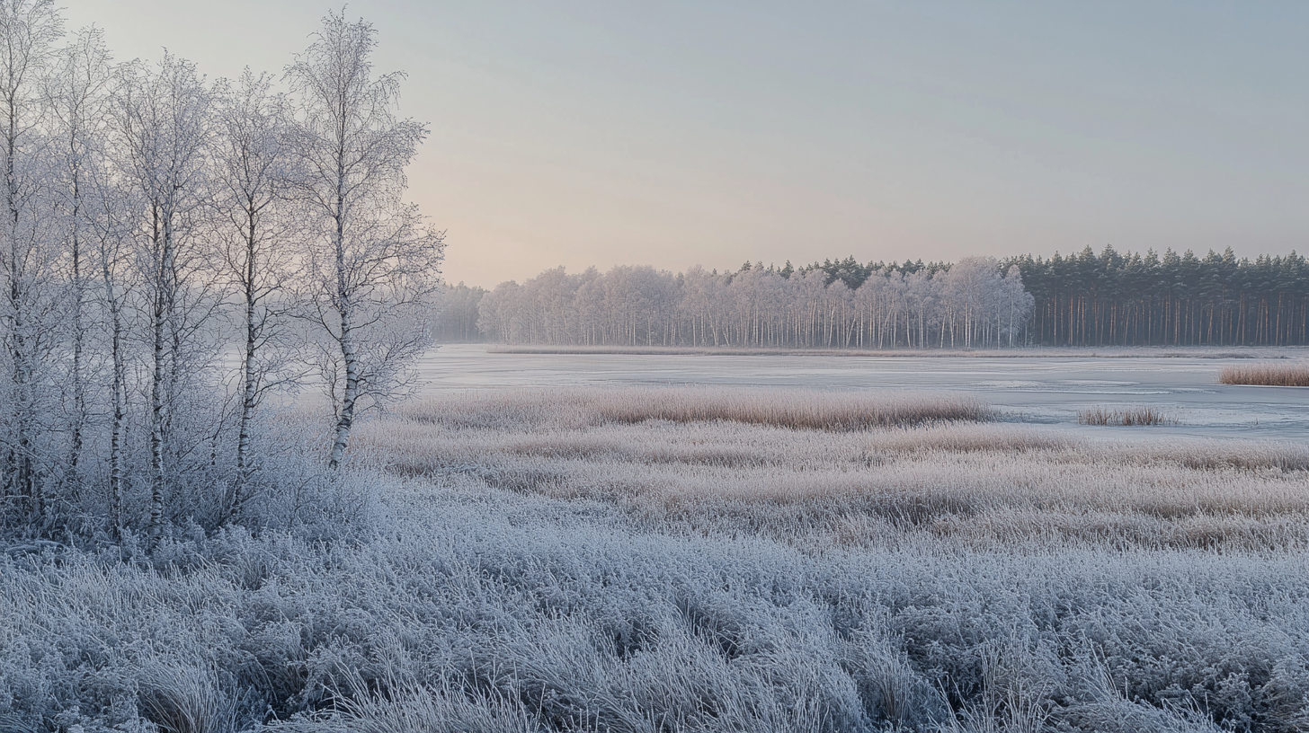 Rime-covered birches in frozen marshland at dawn.