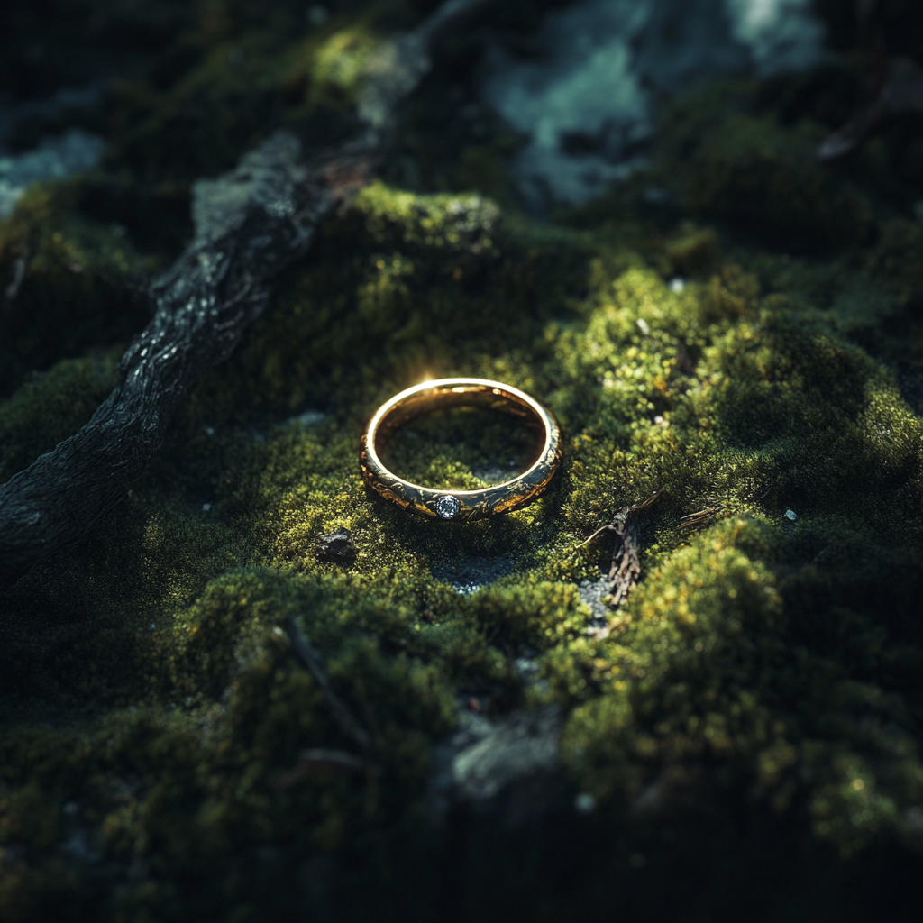 Ring on moss with studio spotlights, top view.