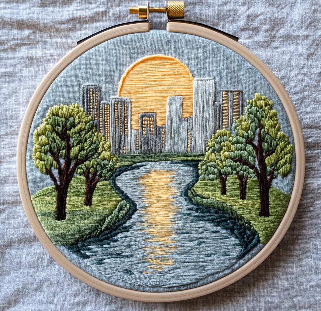 River with trees and city embroidery art design