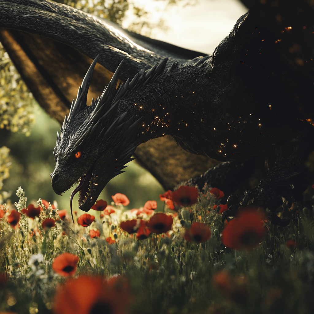 Roaring black wyvern with iridescent wings in sunlight field.