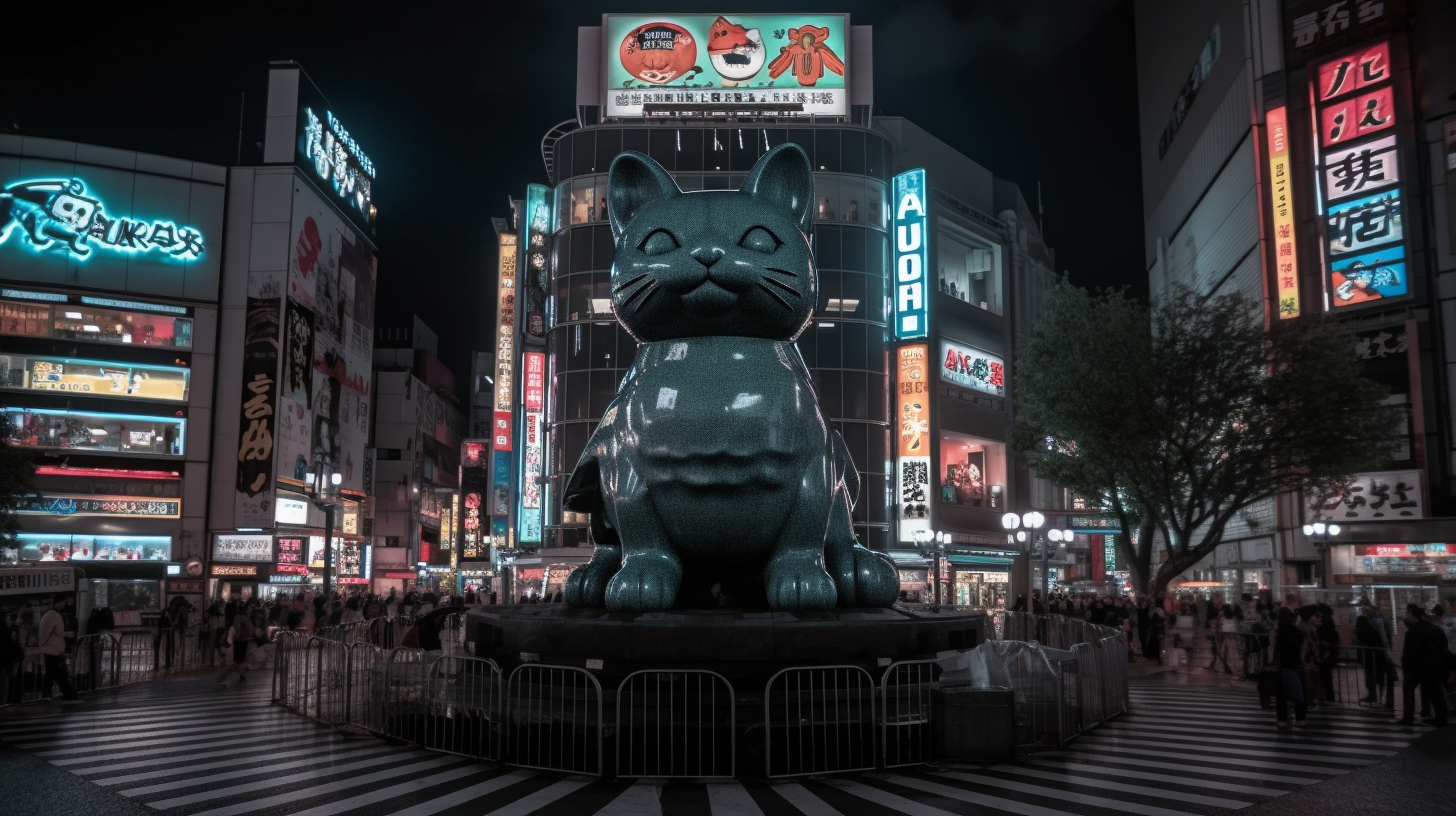 Robby robot with cat-features walks through futuristic Shibuya.