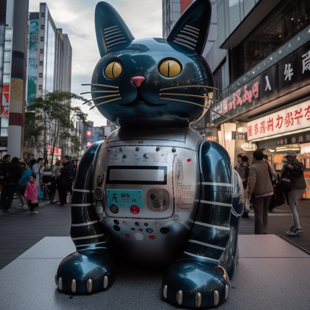 Robby the Robot with cat features in futuristic Shibuya.