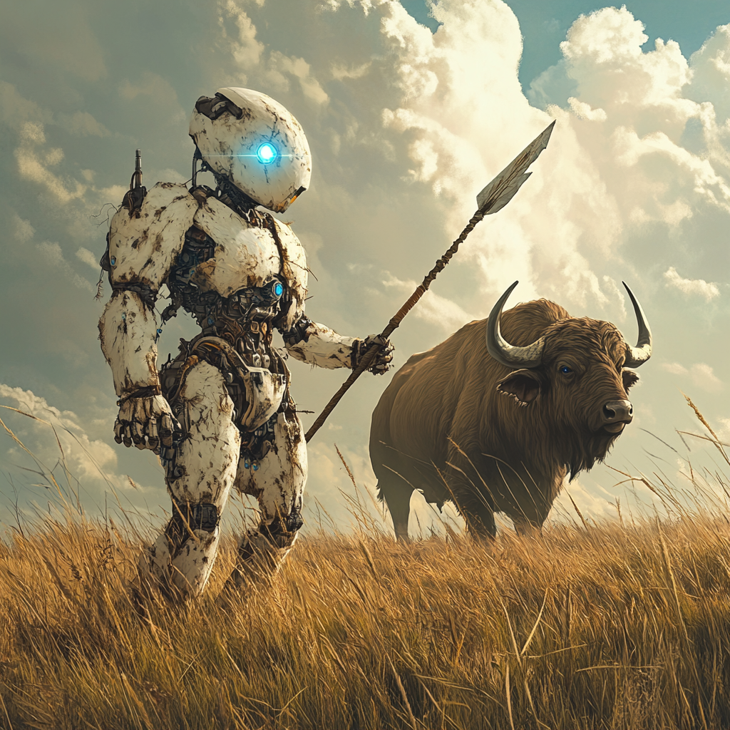 Robot Rabbit Hunting Buffalo in Futuristic Plains