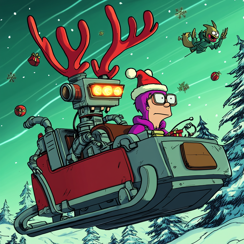 Robot Reindeer Pulls Futuristic Santa Sleigh