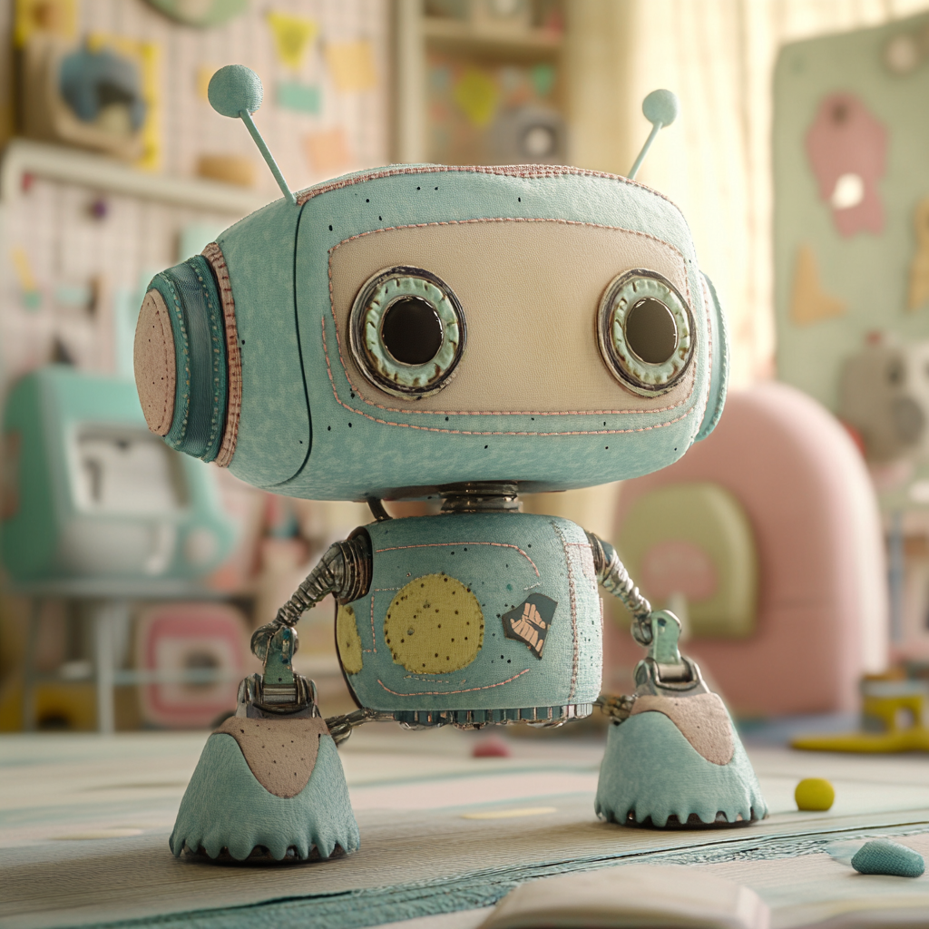 Robot character plush toy in pastel playroom setting.