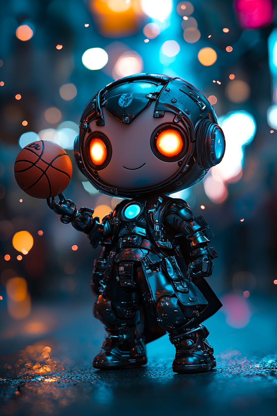 Robot confidently spinning a basketball in lively, artistic scene.