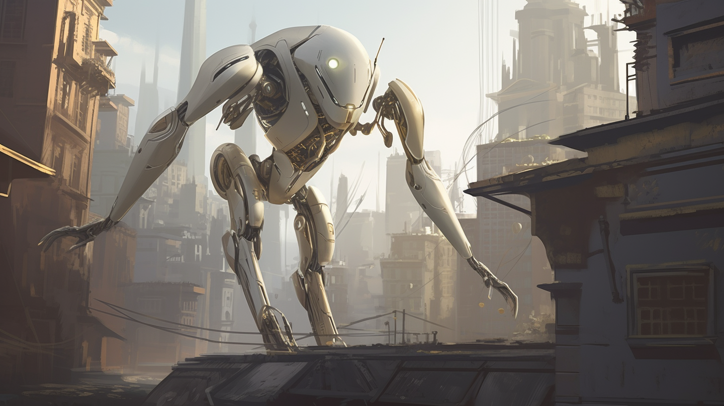 Robot fighting in metallic cityscape with advanced technology.