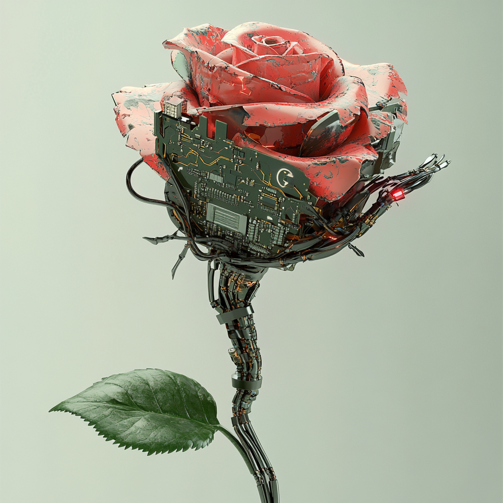 Robot flower with real flowers and circuit details.