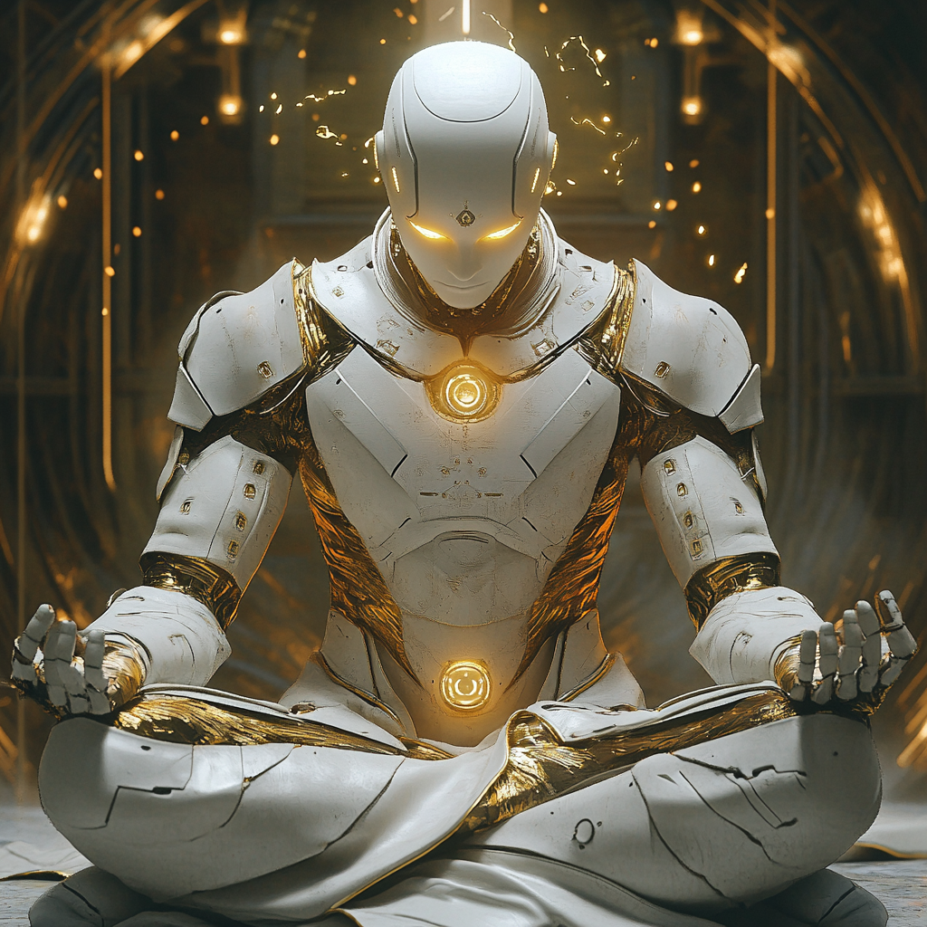 Robot guru in gold silk robes meditating with magic.