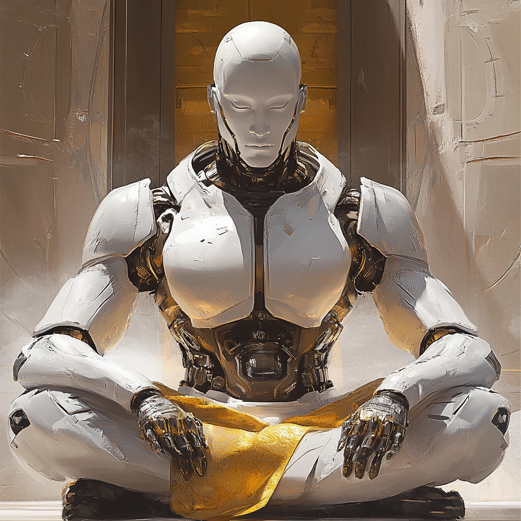 Robot guru in white armor with gold robes meditating