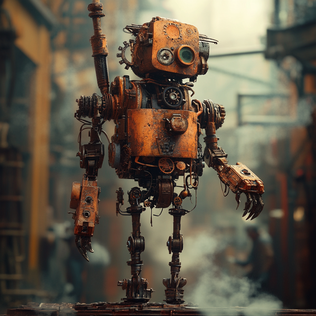 Robot in 19th century London, detailed cogwork, smoky background.