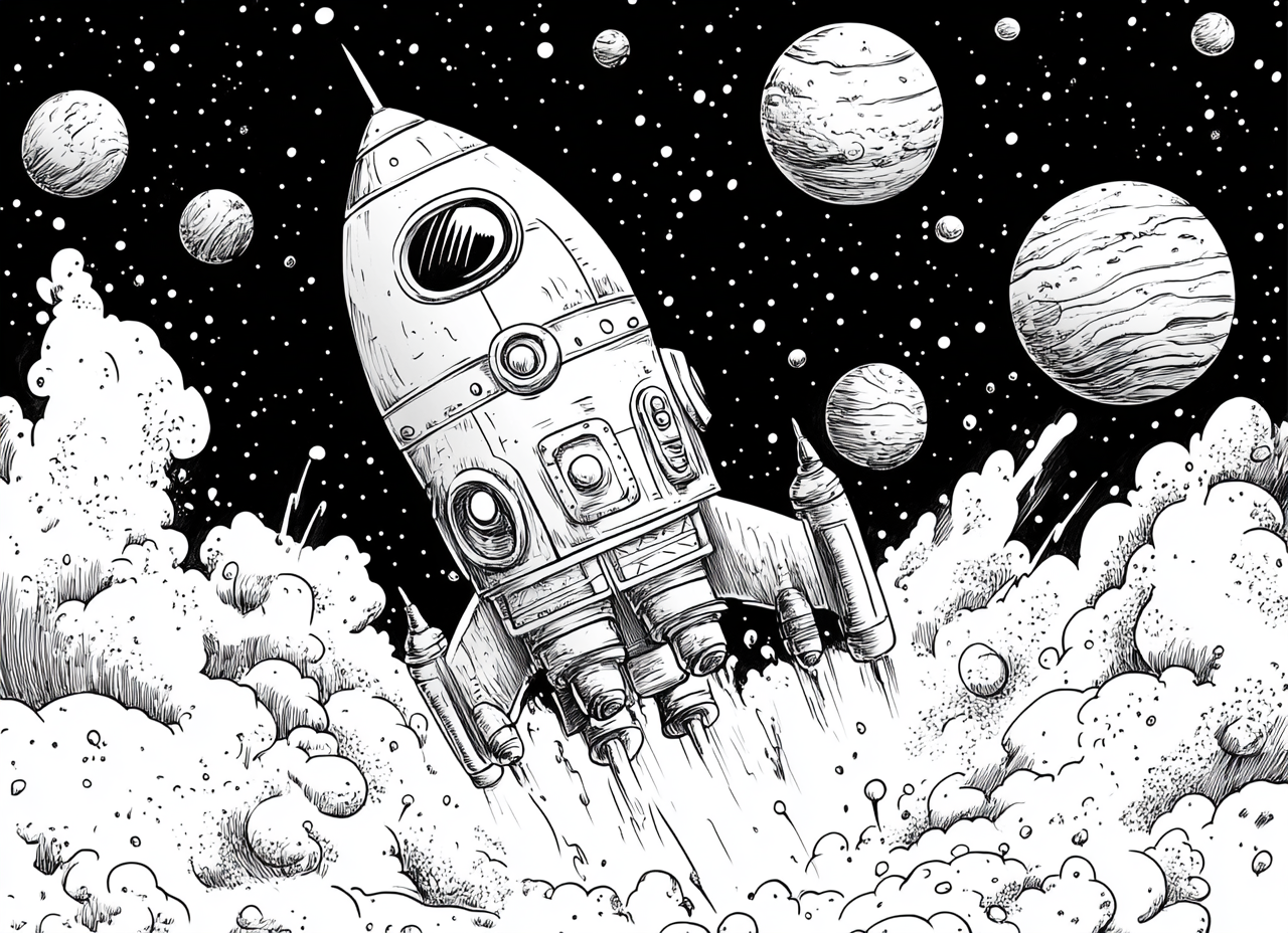 Robot piloting rocket in starry sky coloring page.