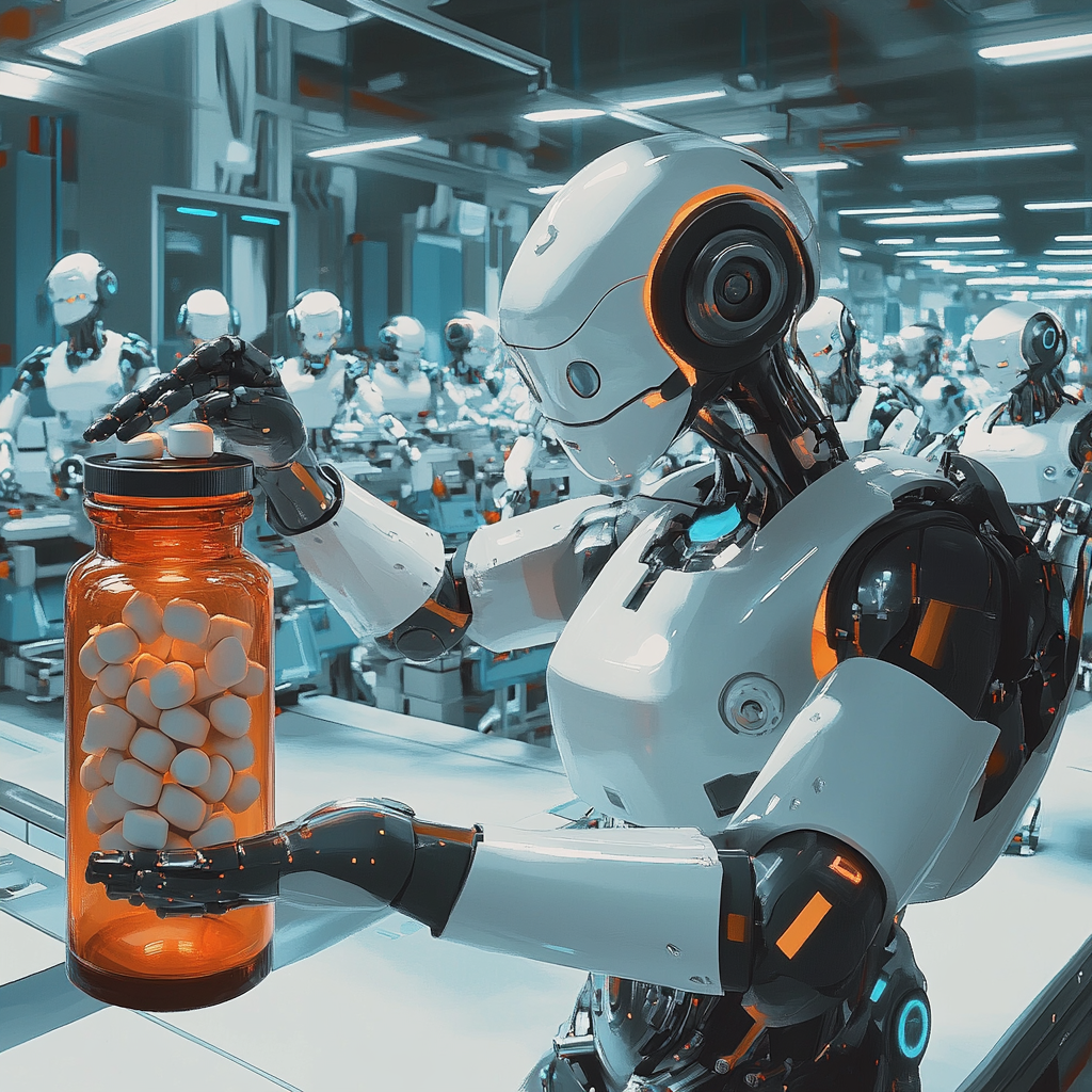 Robot placing capsule in pill bottle on assembly line.