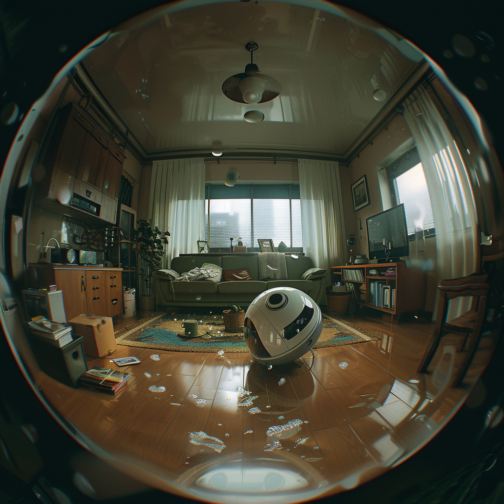 Robot vacuum's sad living room view on rainy day