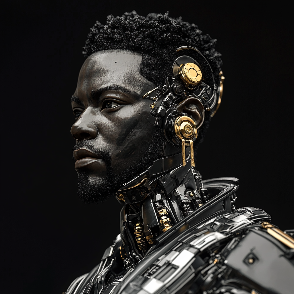 Robot with goatee, gold earrings, short afro on black.