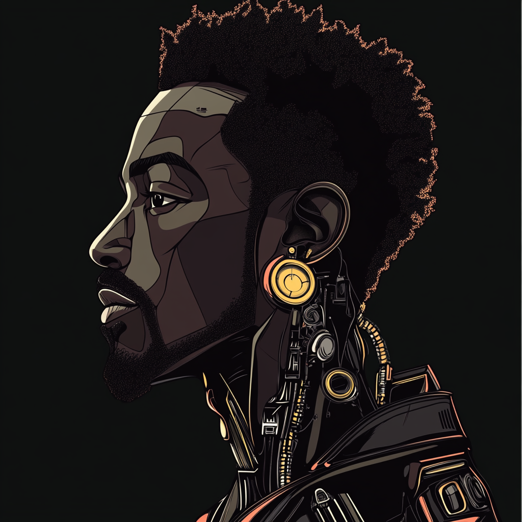 Robotic African man in 30s with goatee and afro.