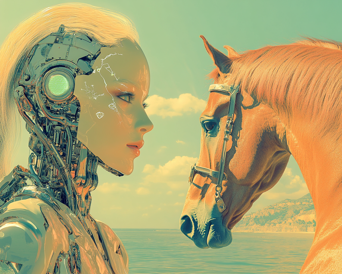 Robotic Woman Contemplates Horse by Sea - Artistic Digital Photo