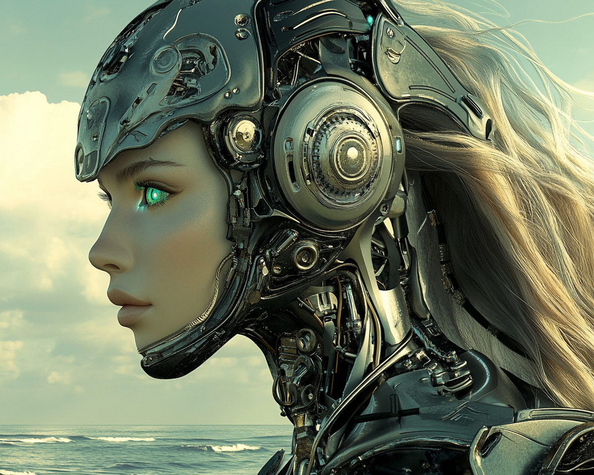 Robotic Woman Daydreaming on Horse by Sea