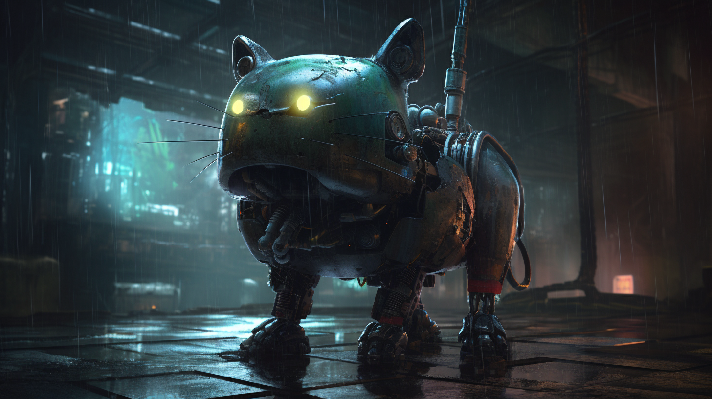 Robotic cat version of Robby the Robot exploring city.