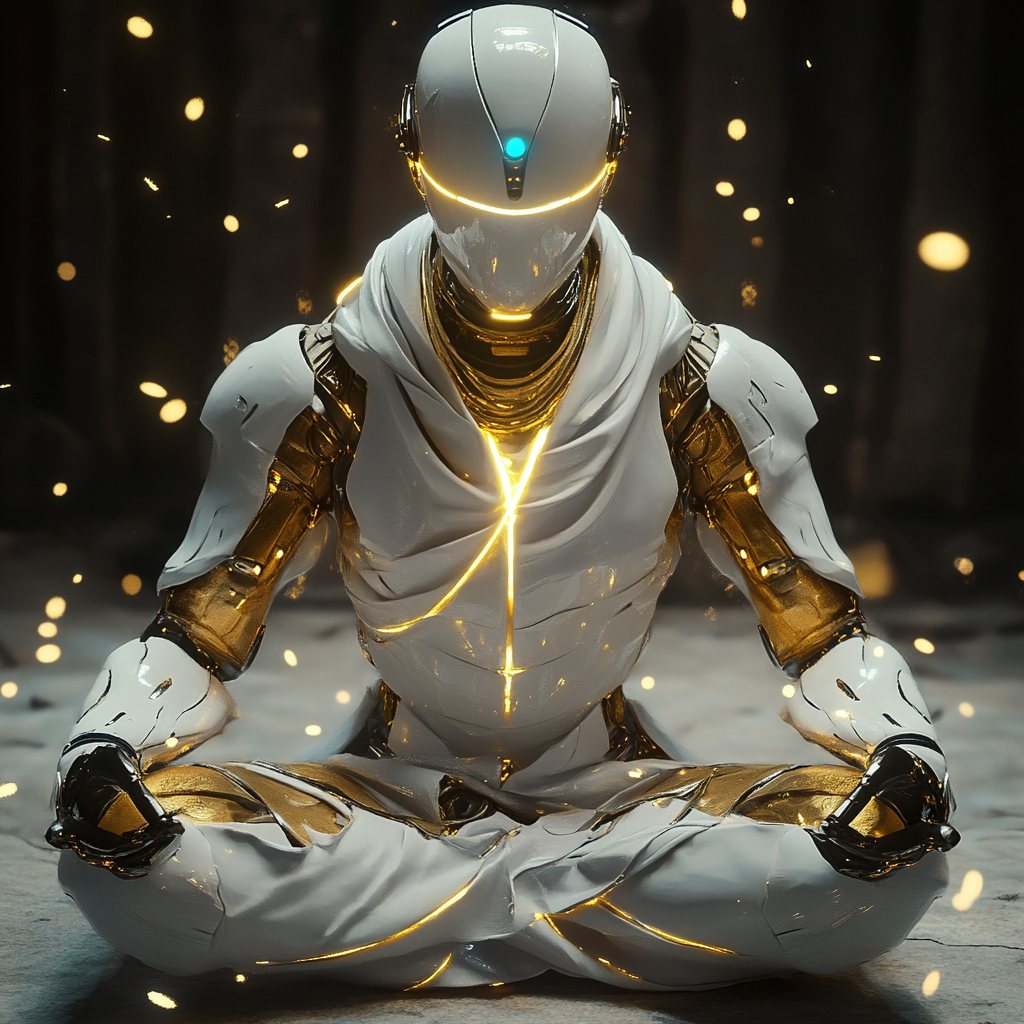 Robotic guru in white armor meditating, surrounded by magic.