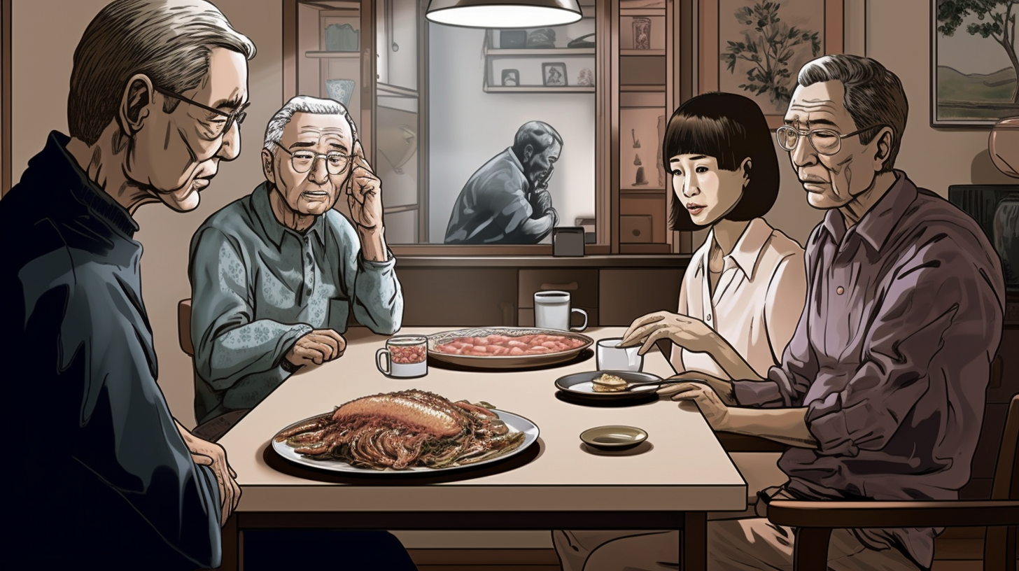 Robotic head displays elderly man at Japanese family dinner.