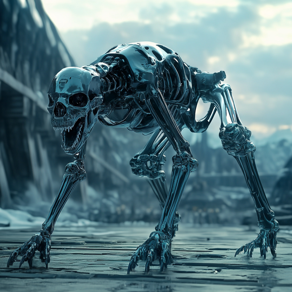 Robotic mech dog skeleton with silicone bones.