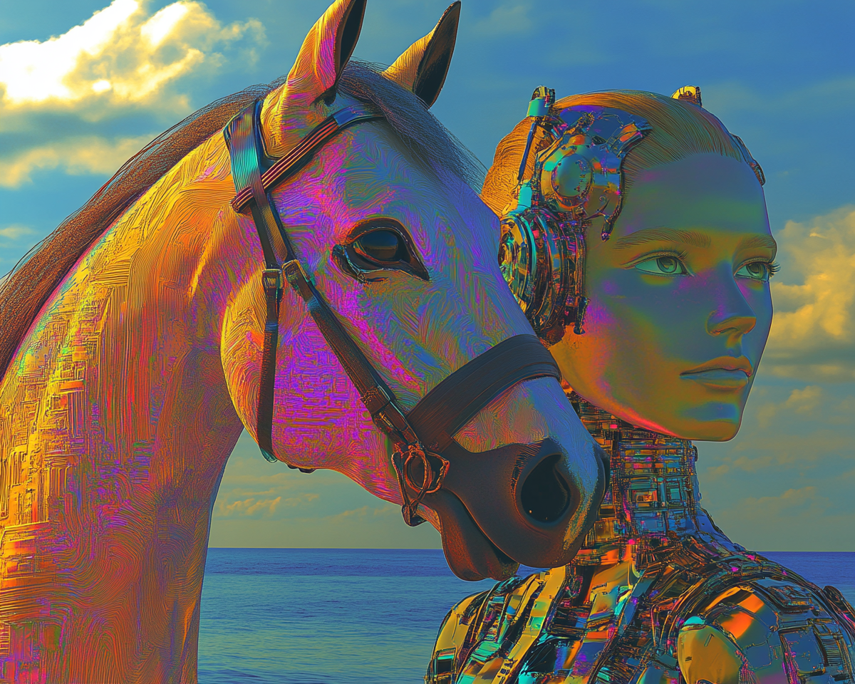 Robotic woman daydreaming, riding horse by sea