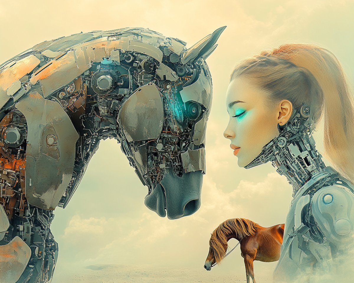 Robotic woman daydreaming with horse - artistic digital photo.