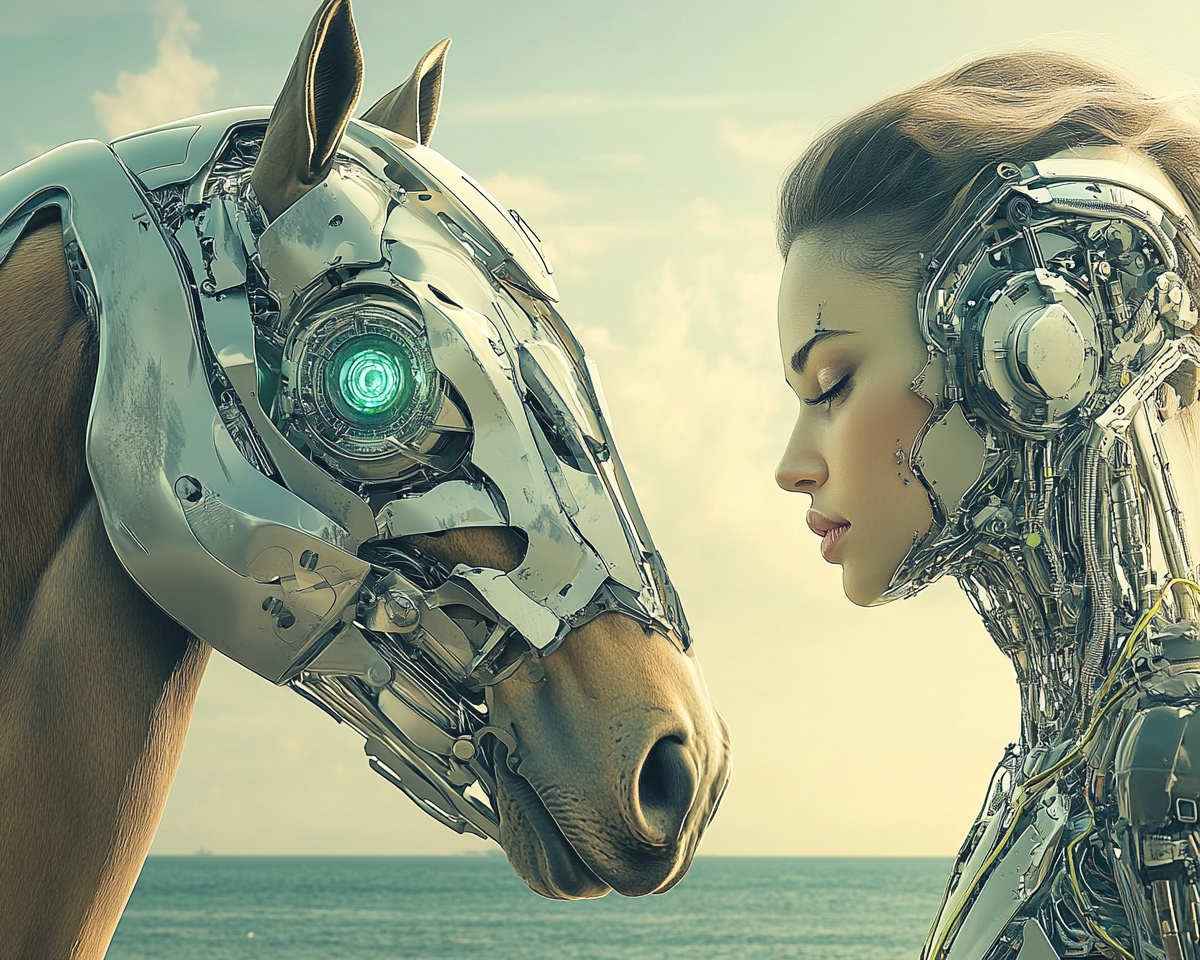 Robotic woman daydreams by sea with cyborg horse.