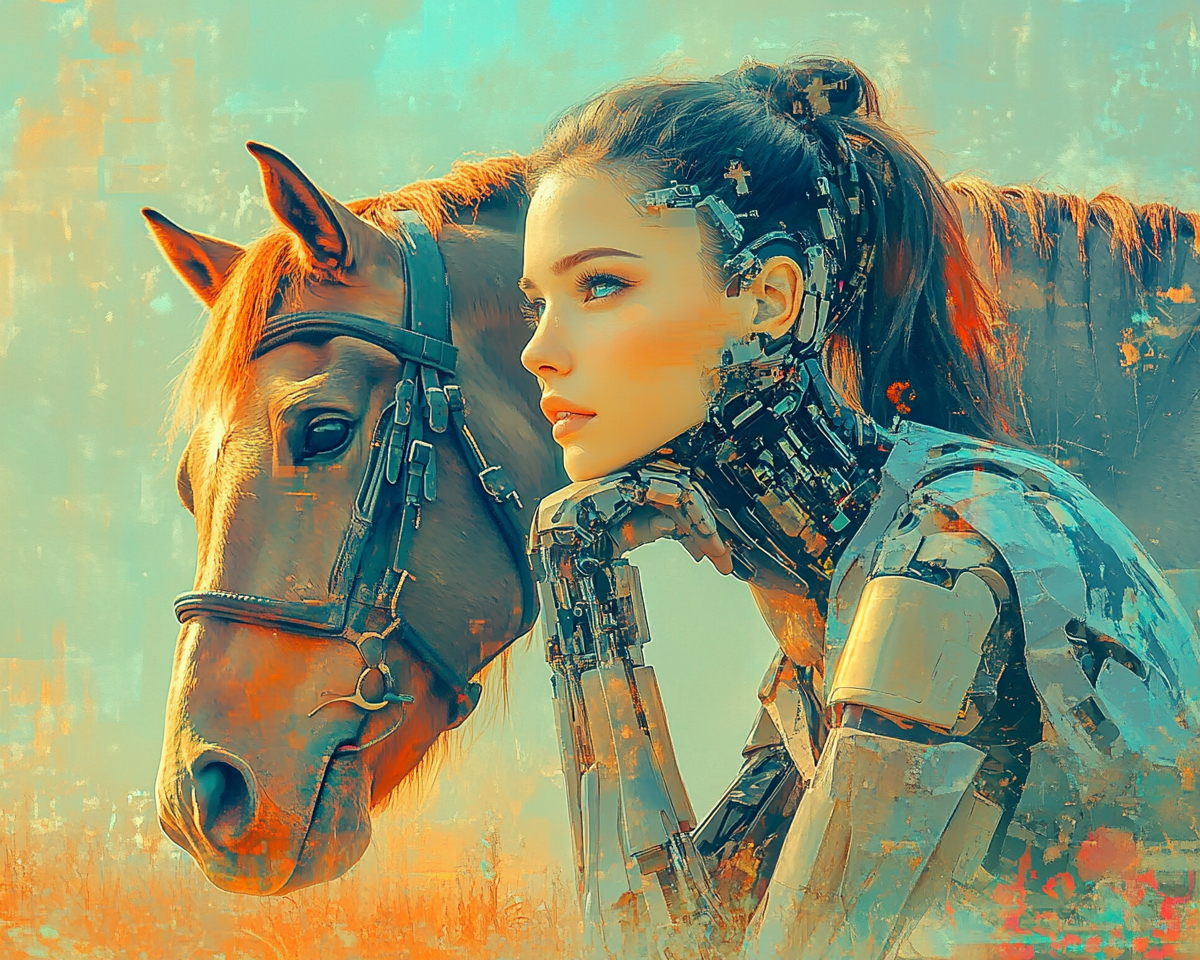 Robotic woman gazes at horizon with horse beside her.