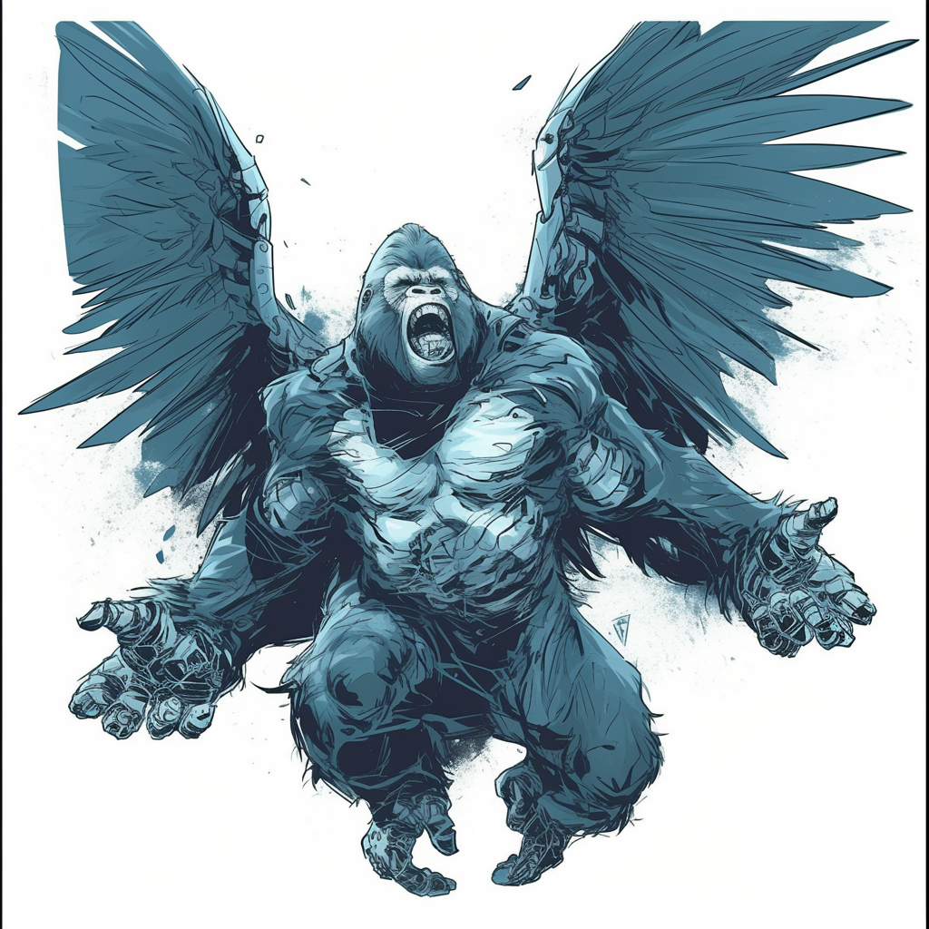 Robotically enhanced gorilla soaring with outstretched wings, comic art.