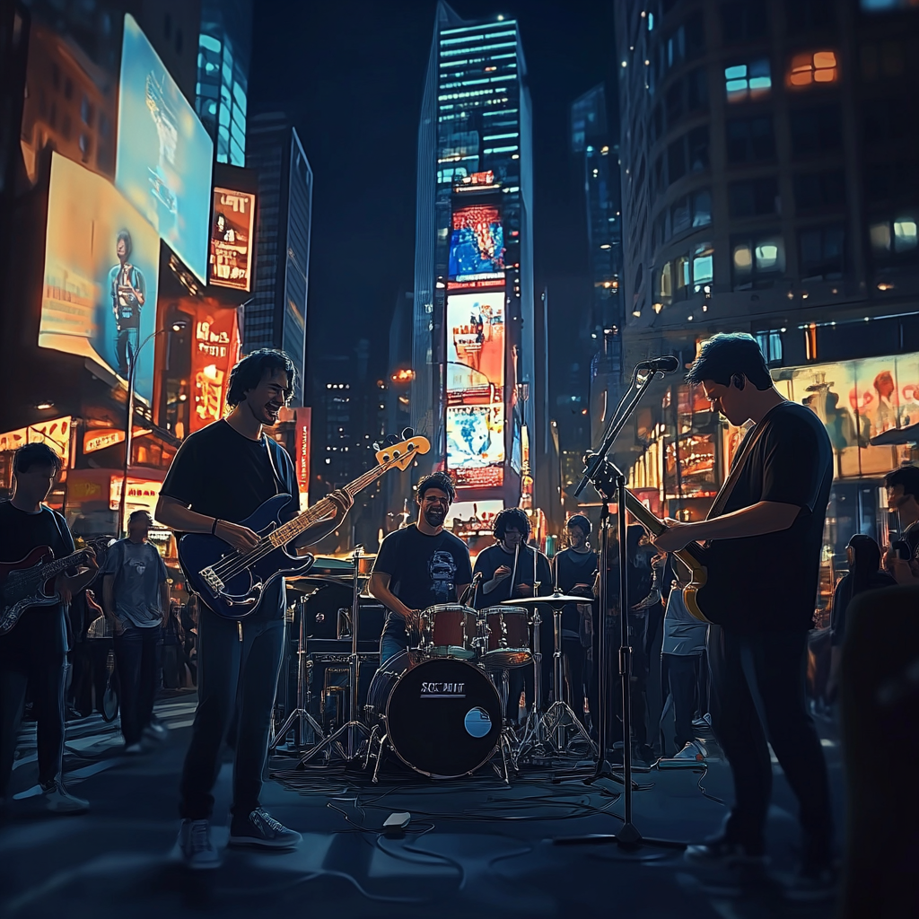 Rock band performing, people gathered, having fun on streets.