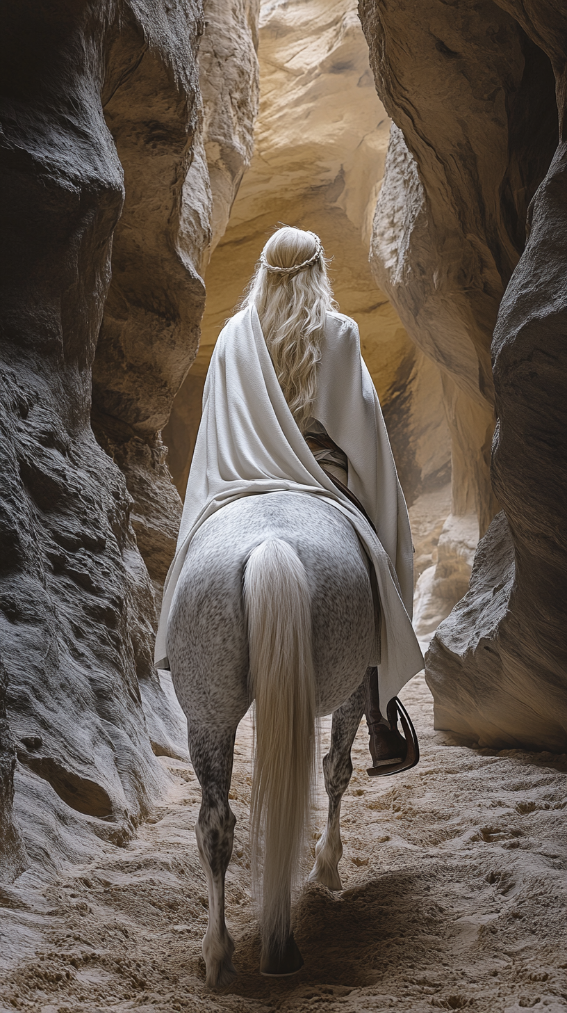 Rock caverns, horse, female rider in ancient clothes, sunlight.