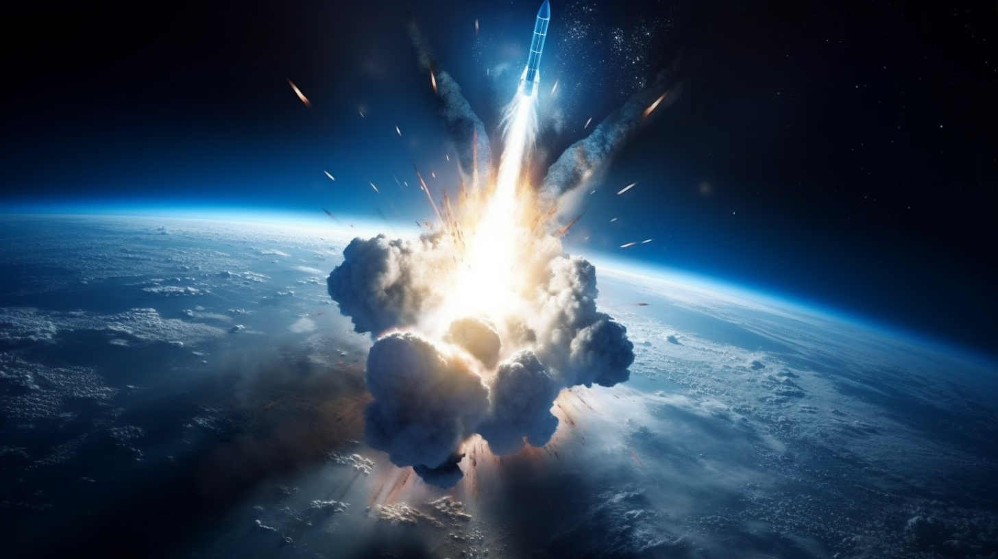 Rocket blasts through earth's atmosphere into space.