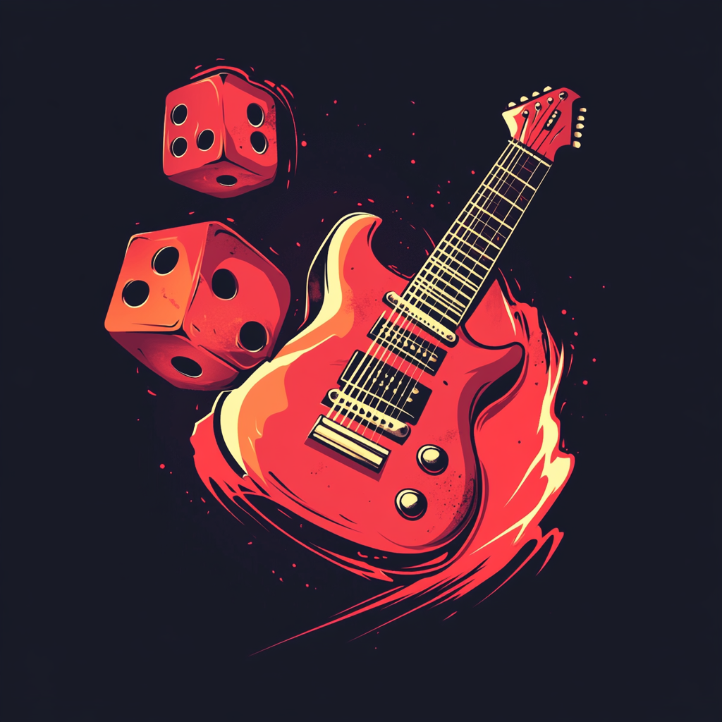 Rockstar logo with rolling dices, electric guitar and lightning.