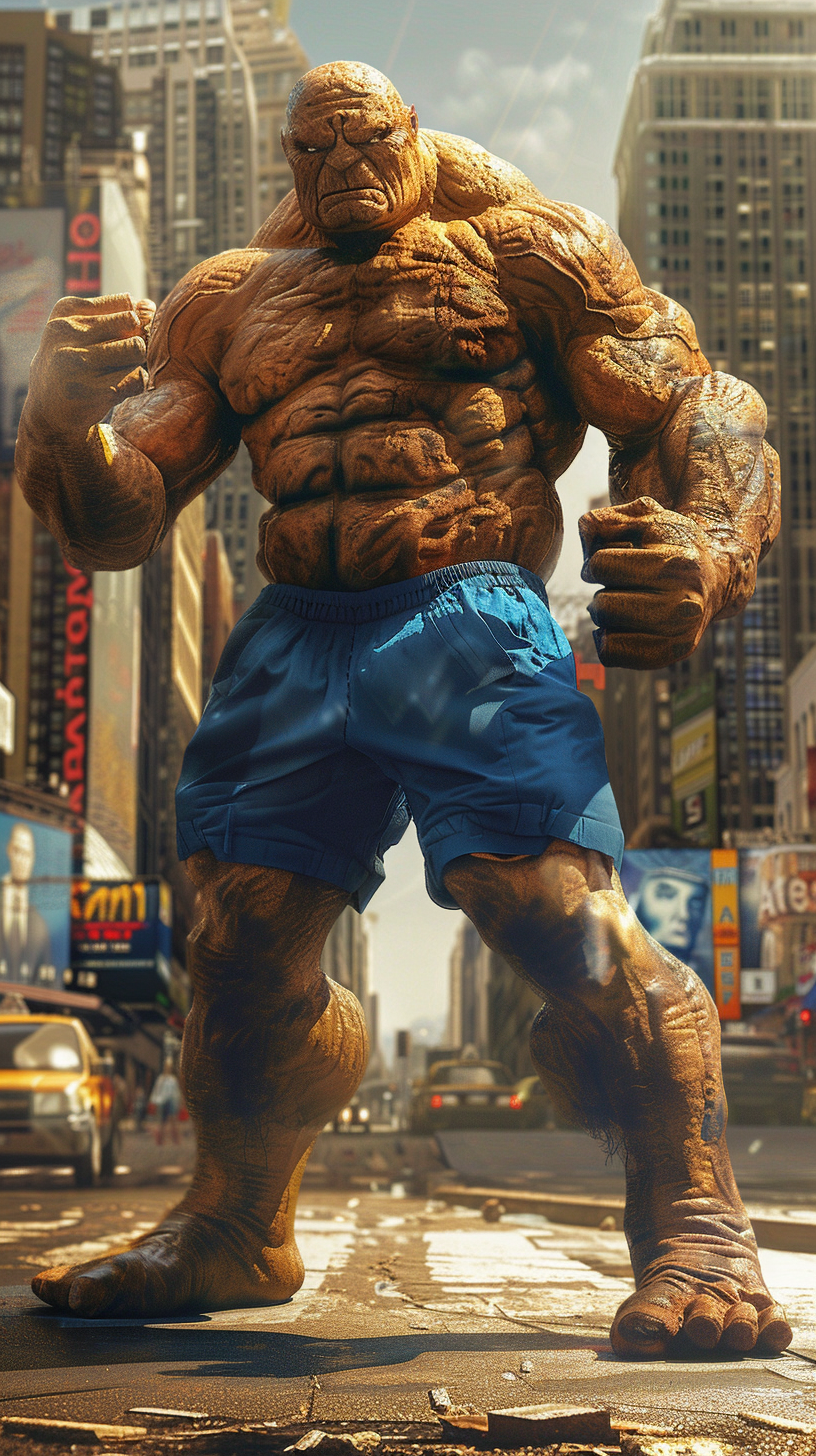 Rocky, orange-skinned hero, standing in city street.