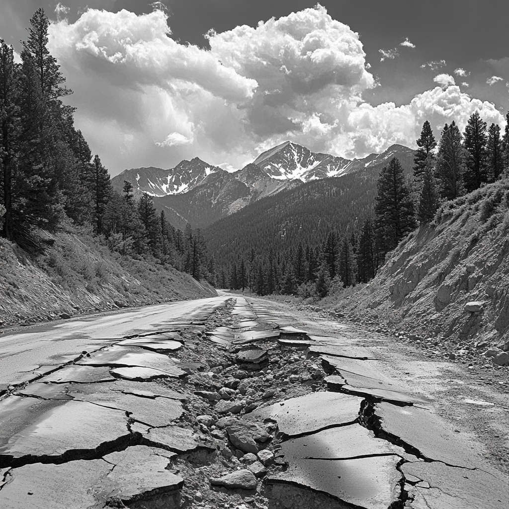 Rocky Mountains with cracked road and deep crevasse