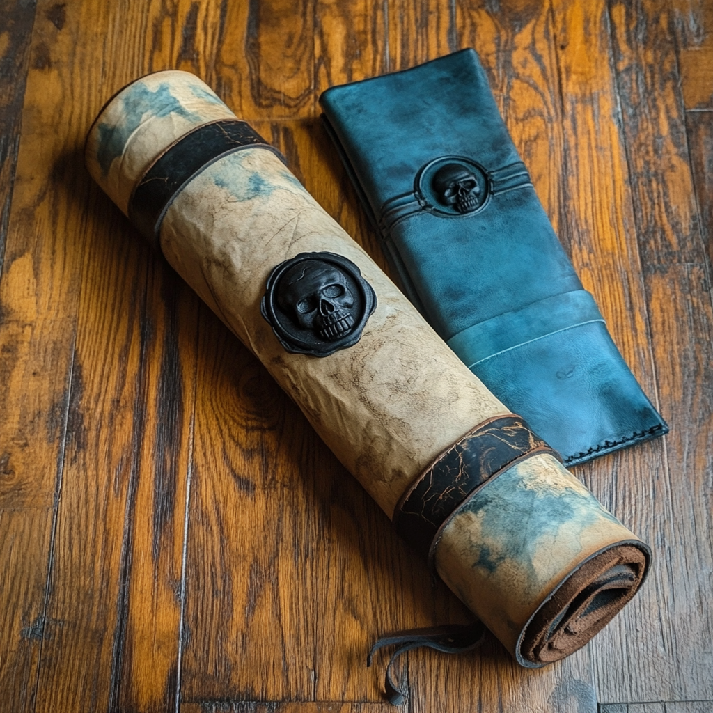 Rolled up scroll with black wax skull stamp.