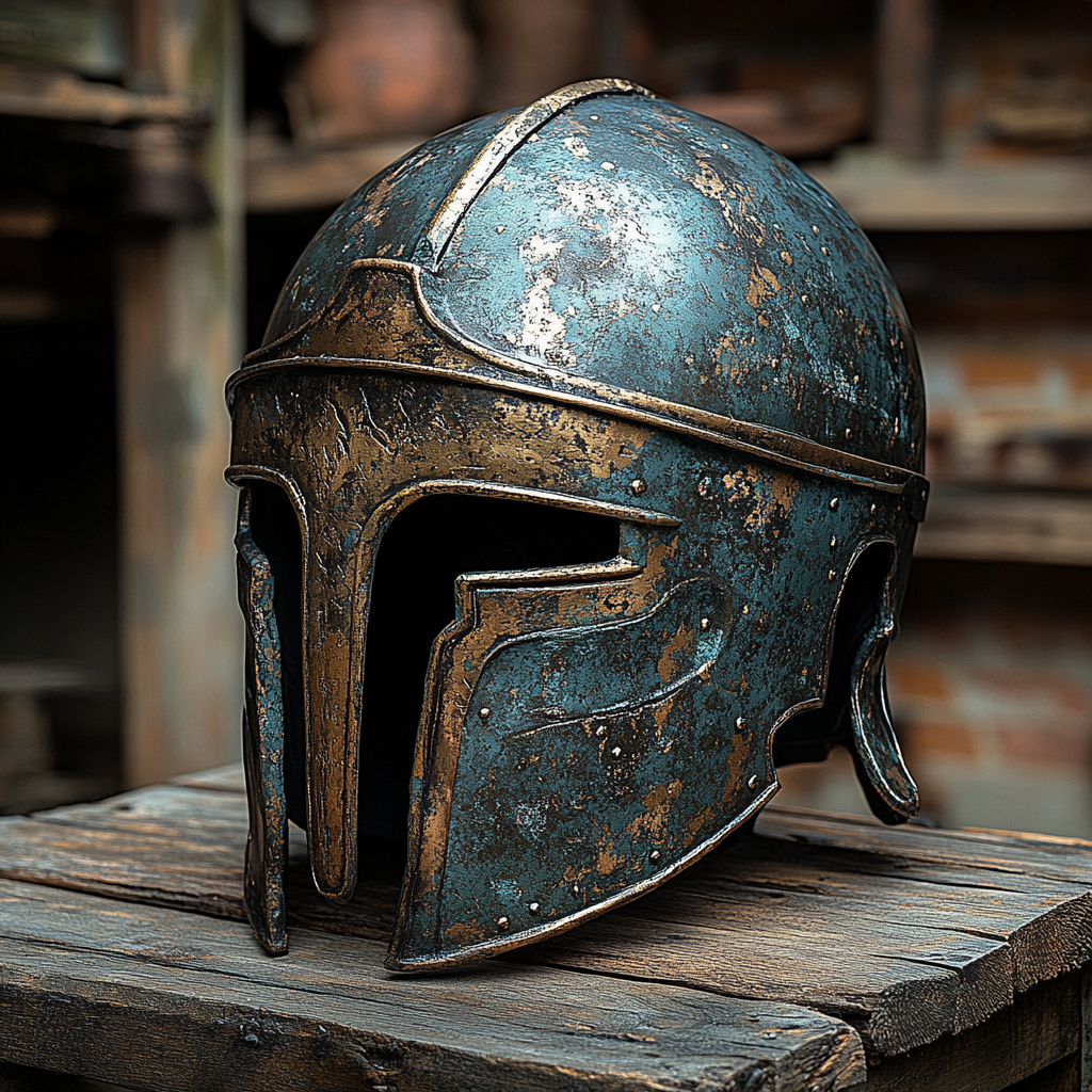 Roman Legionnaire Helmet on Wooden Table in High Quality