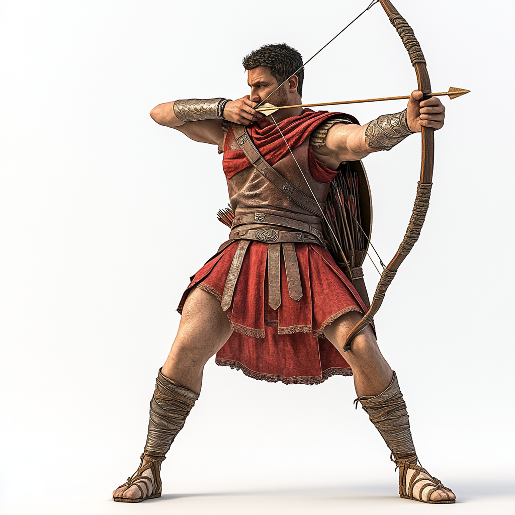 Roman archer in red tunic with bow and quiver.