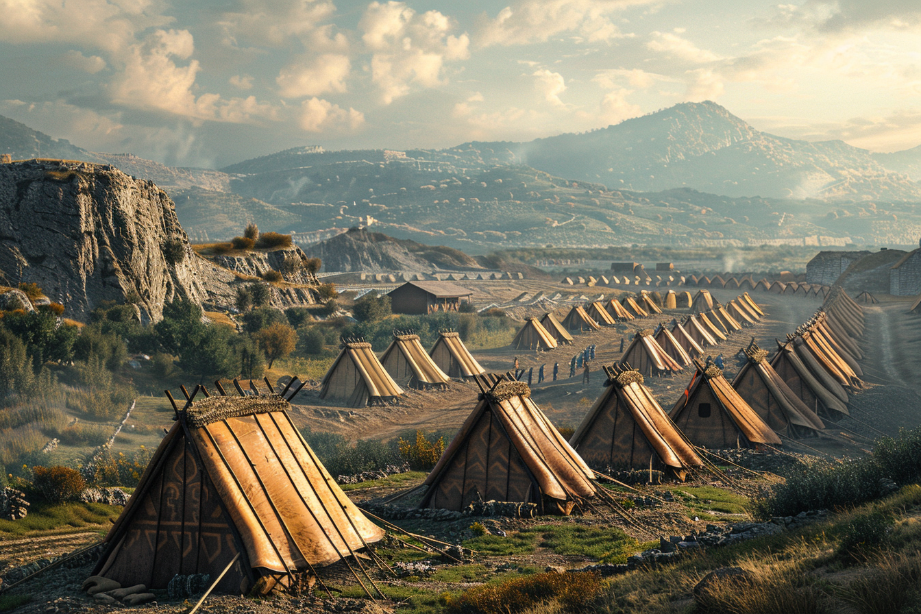 Roman camp on hill between mountains, legionaries in tents.