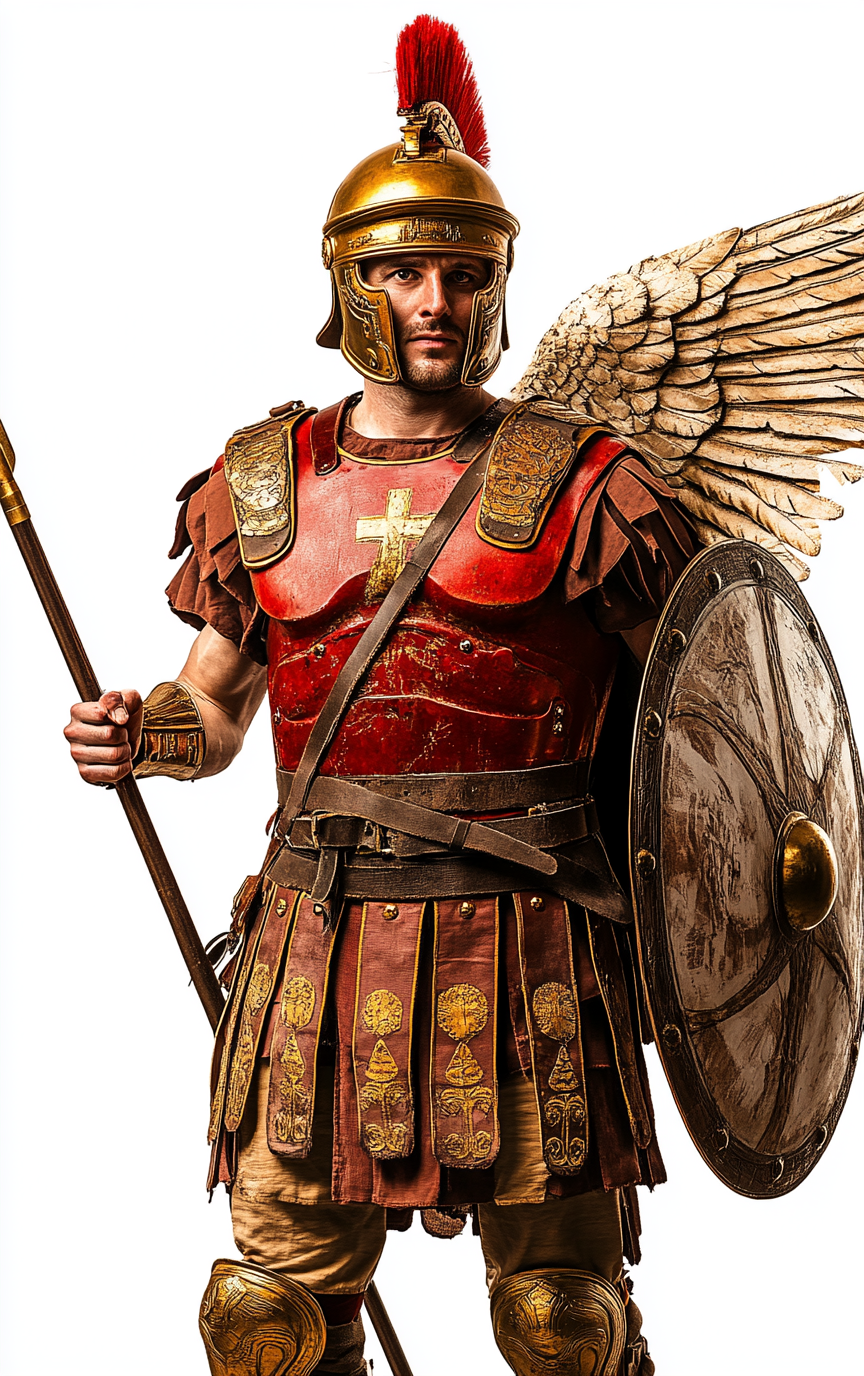 Roman soldier in red armor, gold helmet and shield.