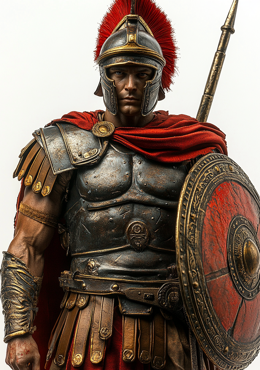 Roman soldier in red armor, holding a spear.