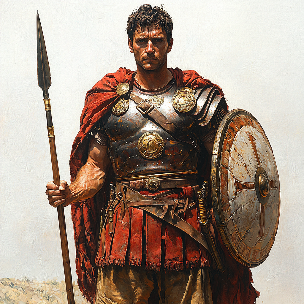 Roman soldier in red armor, holding shield and spear.