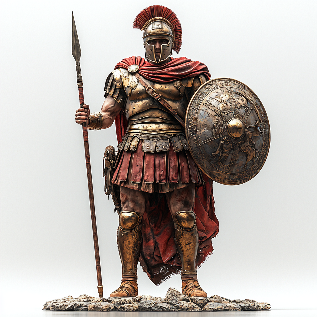 Roman soldier in red armor with shield and spear.