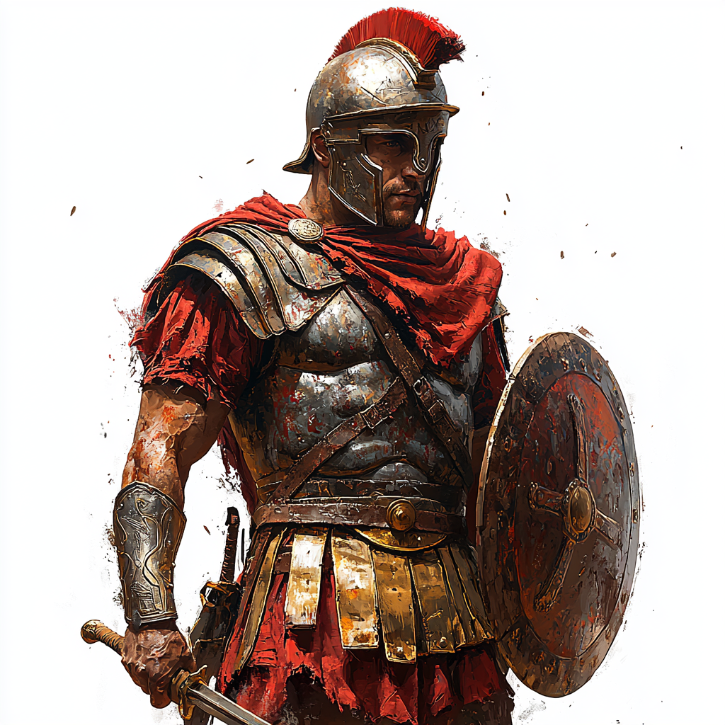 Roman soldier in red tunic holds shield and javelin.