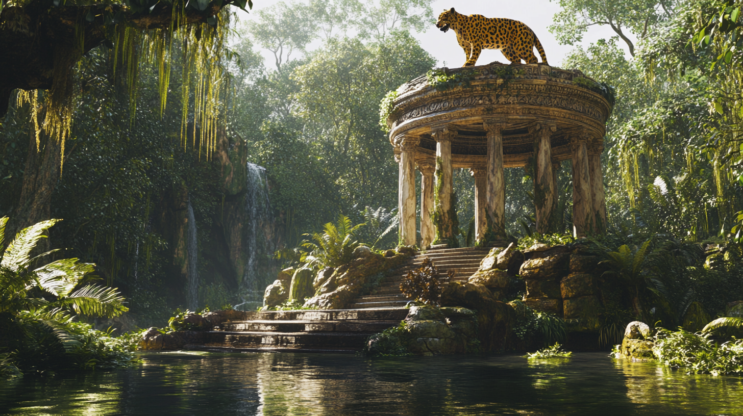 Roman temple with jaguar statue in jungle. Thundercats style.